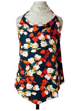 Island Pearls Womens 18 Swim Halter Tankini Top Floral Navy Orange  Swimwear